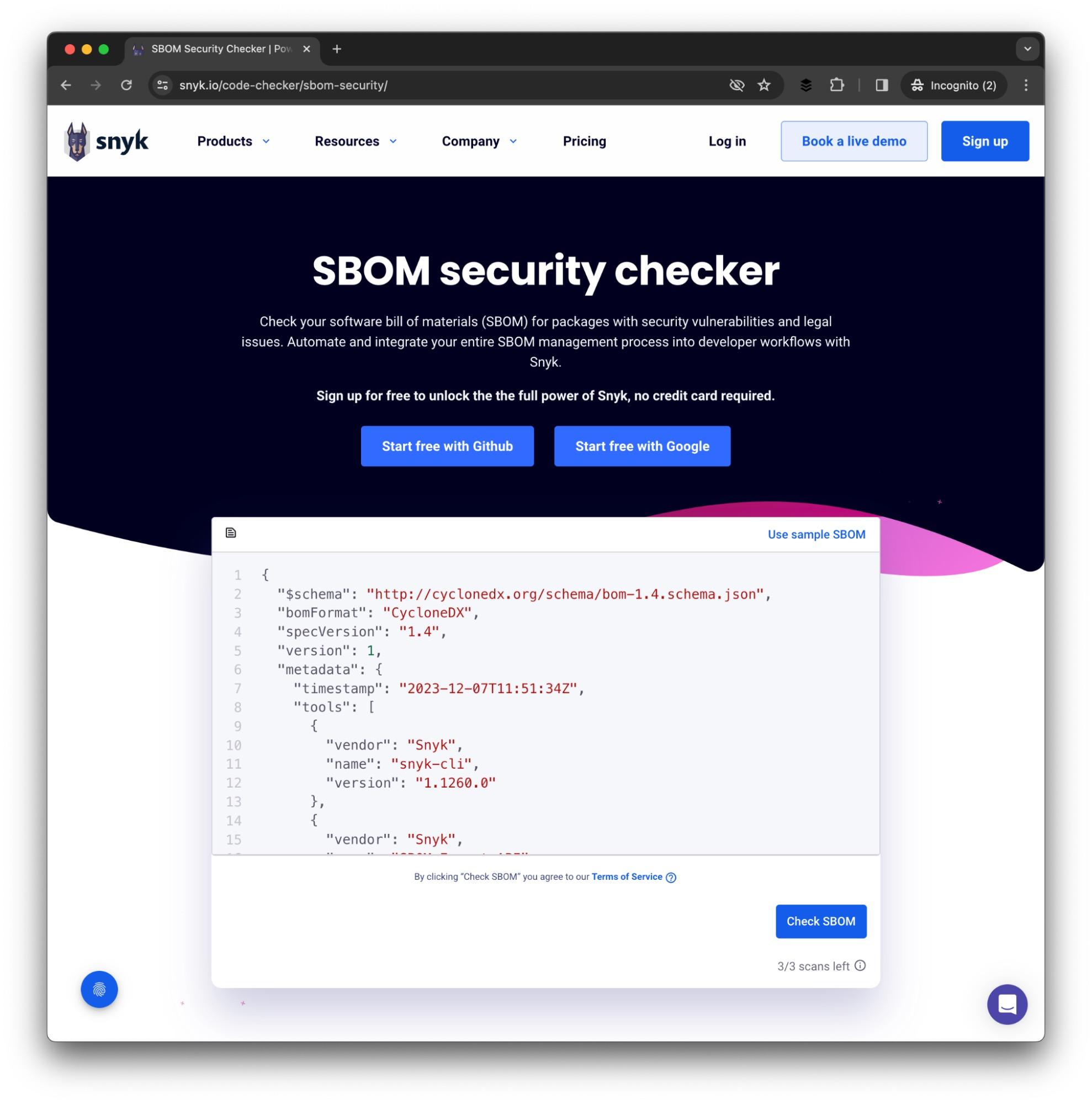 SBOM Security checker by Snyk to scan your software bill of material for packages with security vulnerabilities.