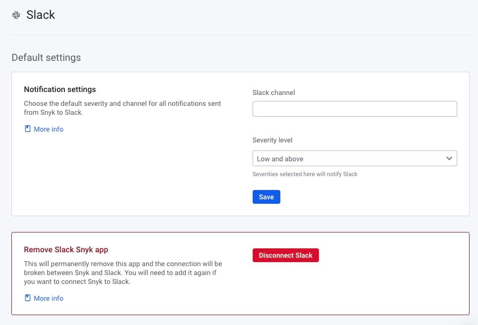 Screenshot of the notification settings for the Snyk app for Slack, where users can customize notifications and set thresholds based on the severity of a vulnerability (e.g. only notify for critical/high severity vulns).