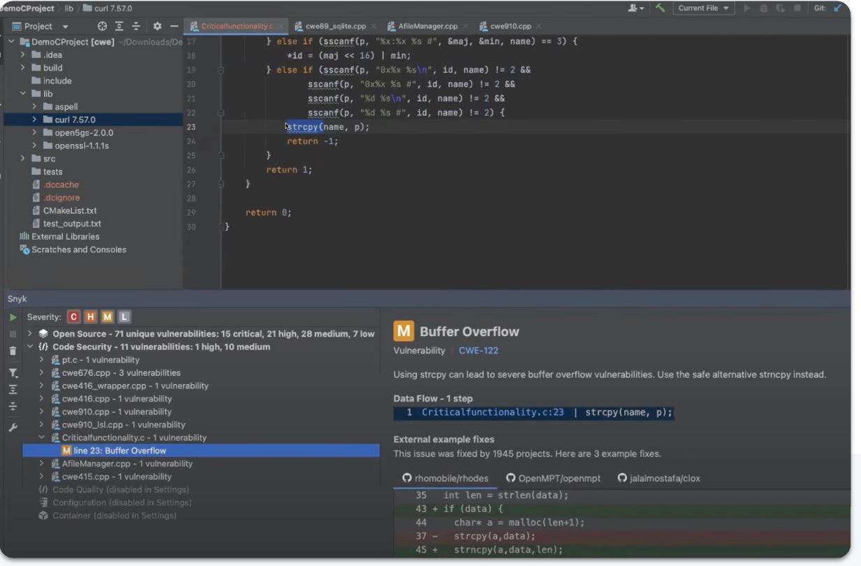 An example C/C++ issue highlighted within IntelliJ