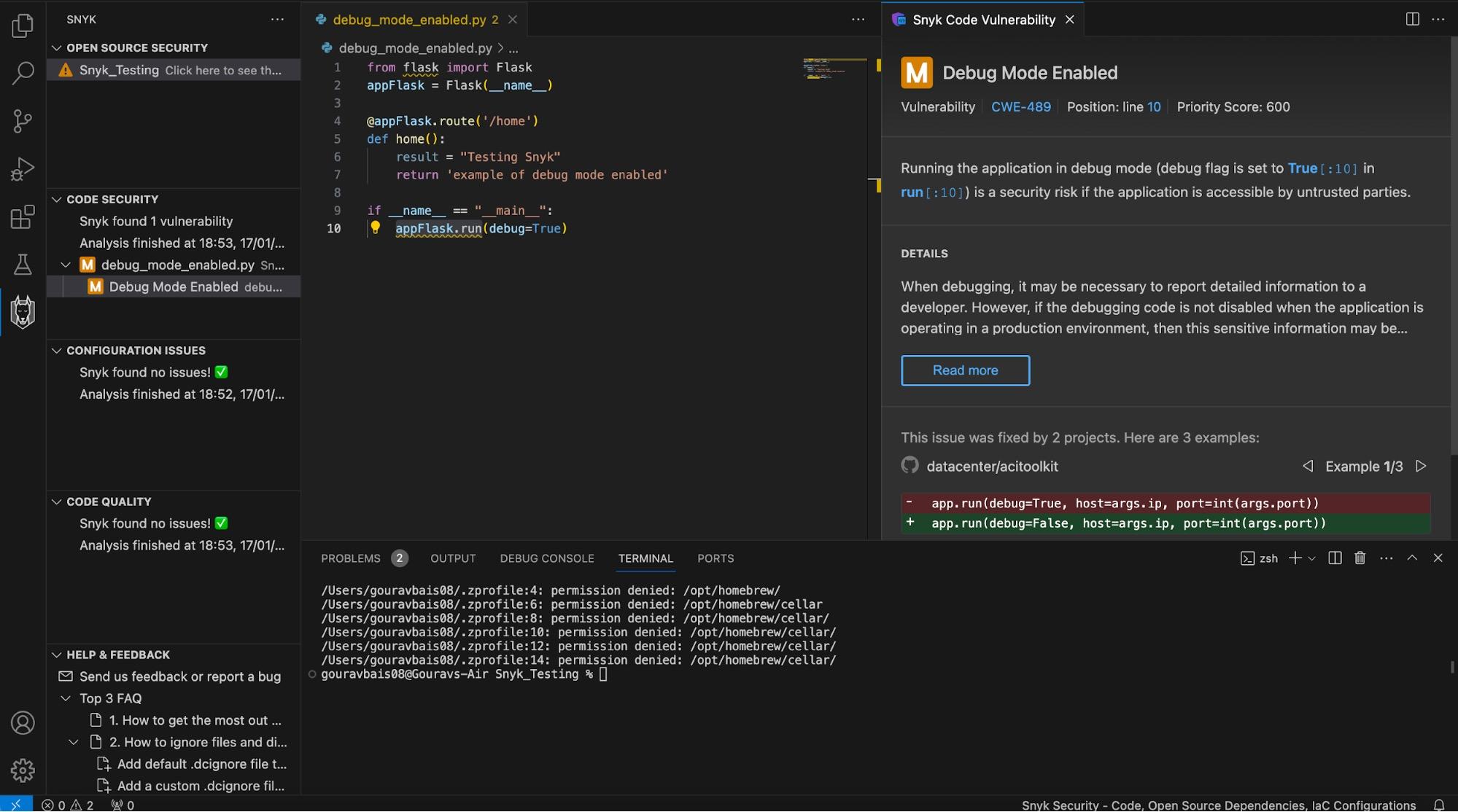 A Flask python application showing vulnerabilities and code security issues in the VS Code IDE with the Snyk extension.