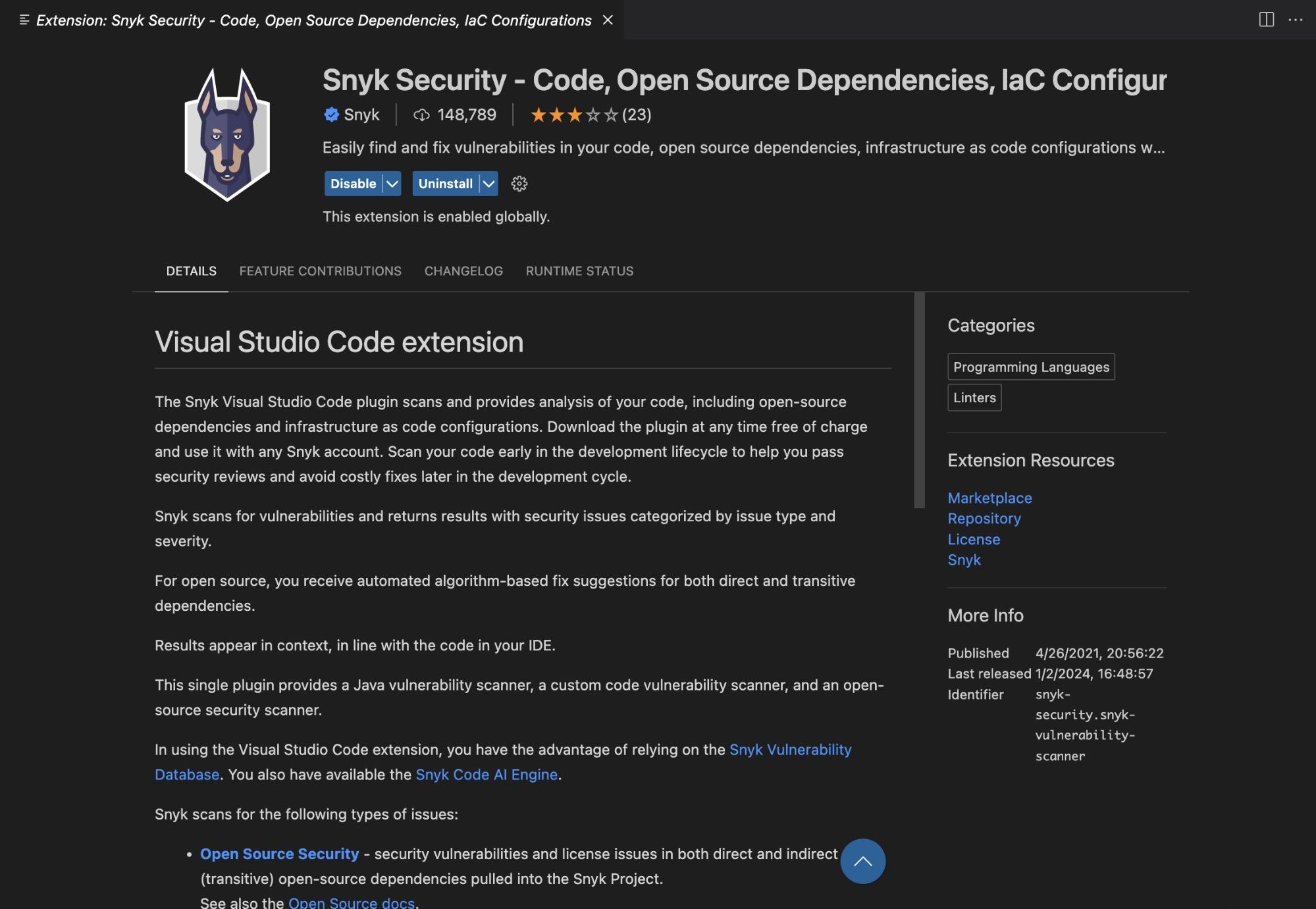 Snyk Security extension for VS Code.