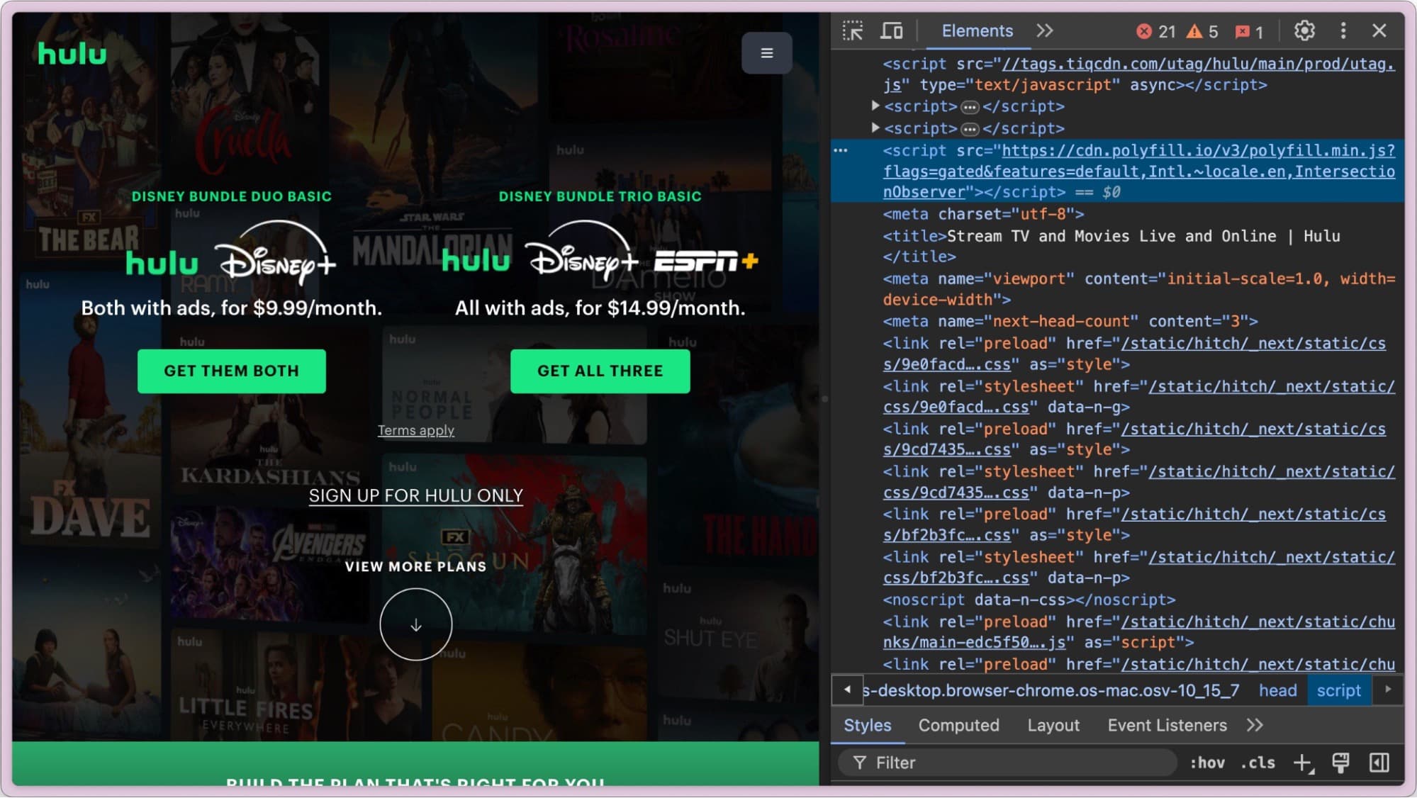 Hulu website bundles the malicious JavaScript library code from cdn.polyfill.io