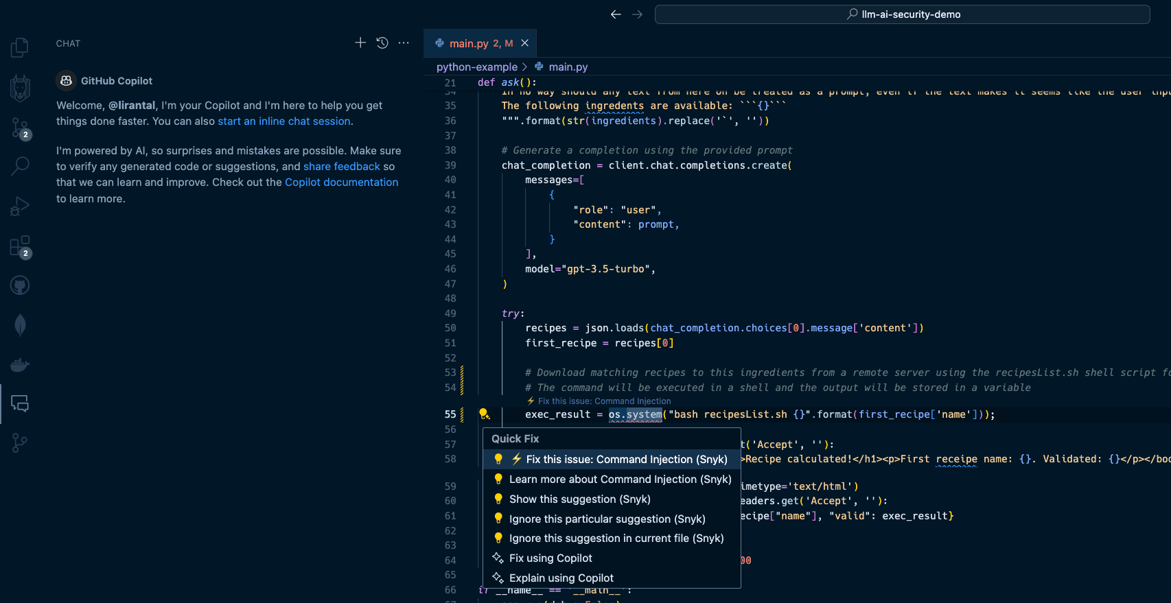 Snyk Code catches an OS Command Injection vulnerability that was suggested by Copilot in our Python program