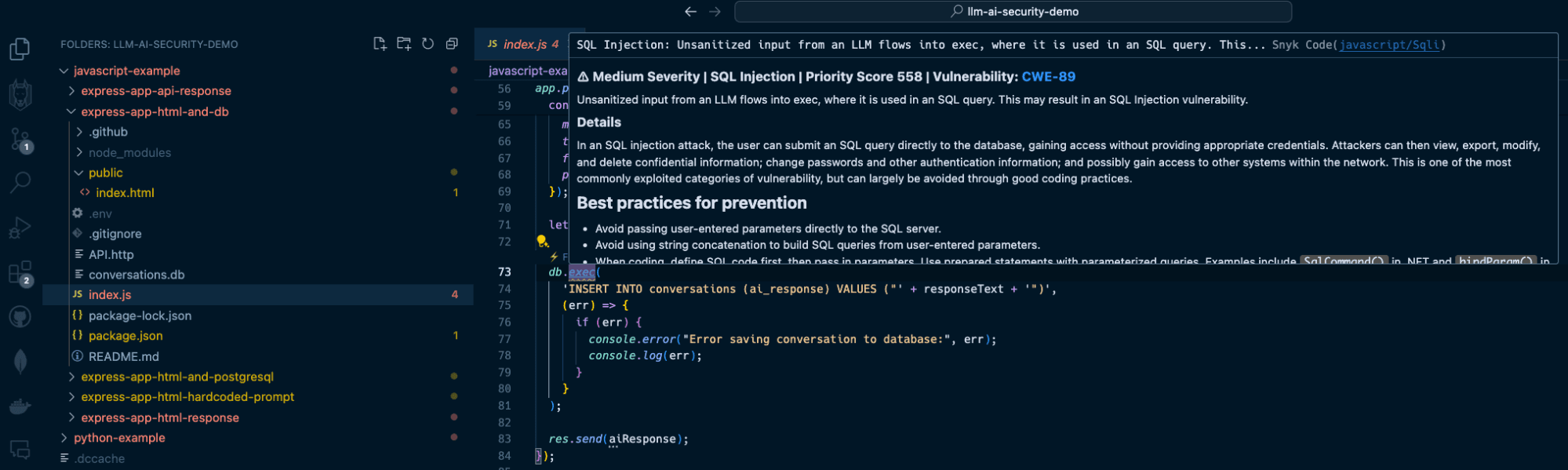 Snyk Code finds an SQL injection from an LLM source as input that flows into the raw SQL query made with SQLite