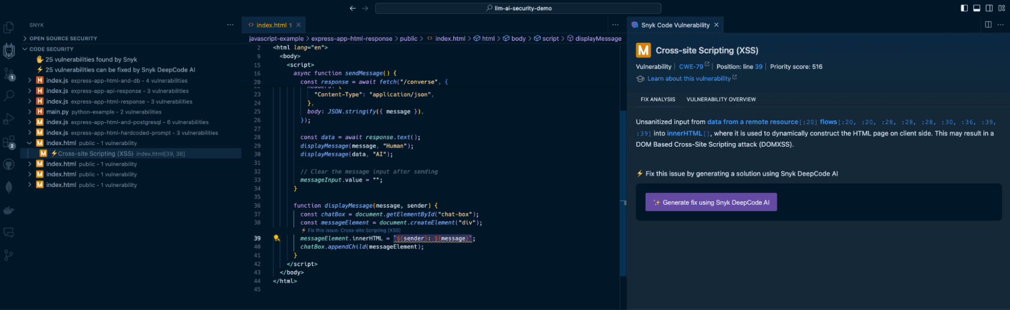 Snyk Code detects an LLM Source as a Cross-site Scripting (XSS) vulnerability into a frontend innerHTML file