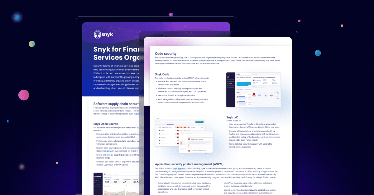 Snyk for Financial Services Organizations Cheat Sheet