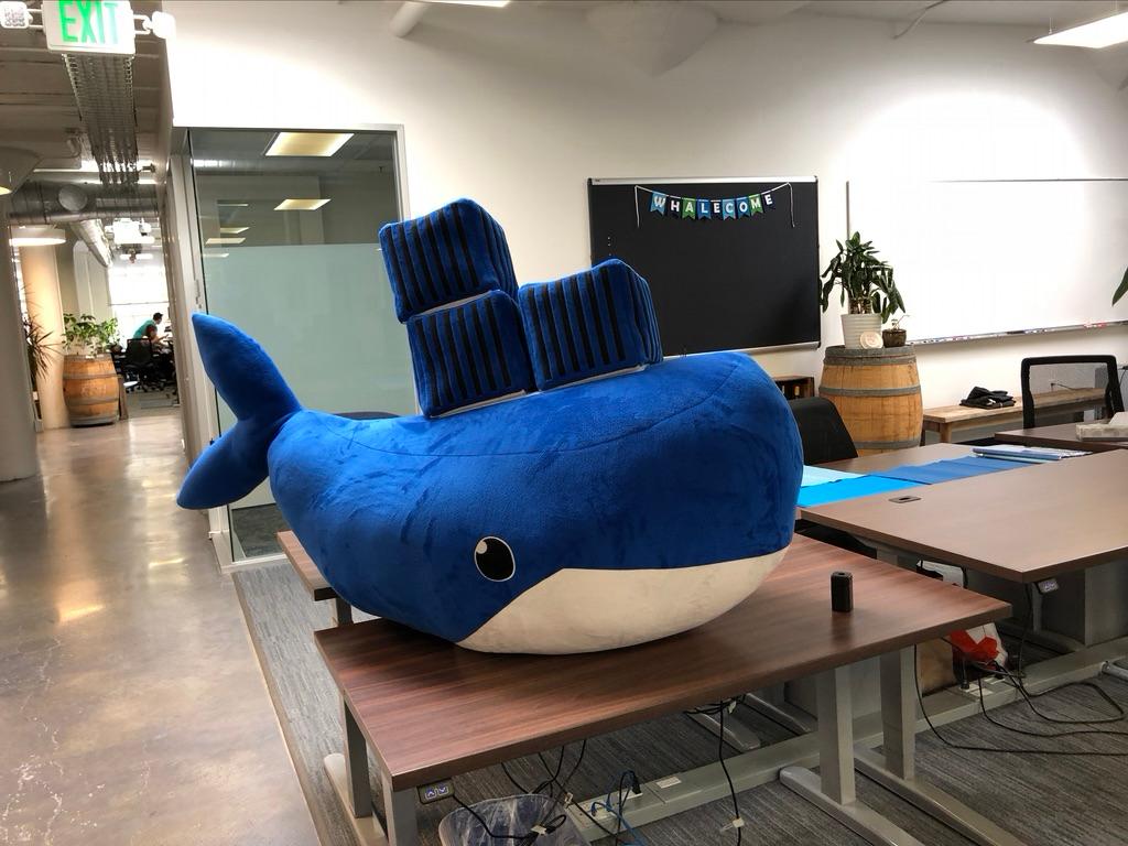 A very large (approximately 5+ foot long) blue Moby the Whale plush sitting on an empty office desk with a "Whalecome" banner above an empty bulletin board in the background