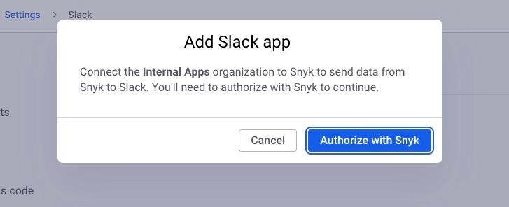 Authorization pop up asking for permission to send data from Snyk to Slack.