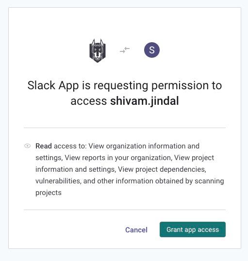 Pop up window asking user to grant permission for the Slack app to access user and organizational data from Snyk. 