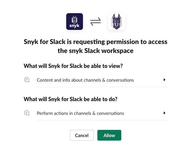 A final permission window where the Snyk for Slack app is requesting permission to access the organization's Slack workspace.