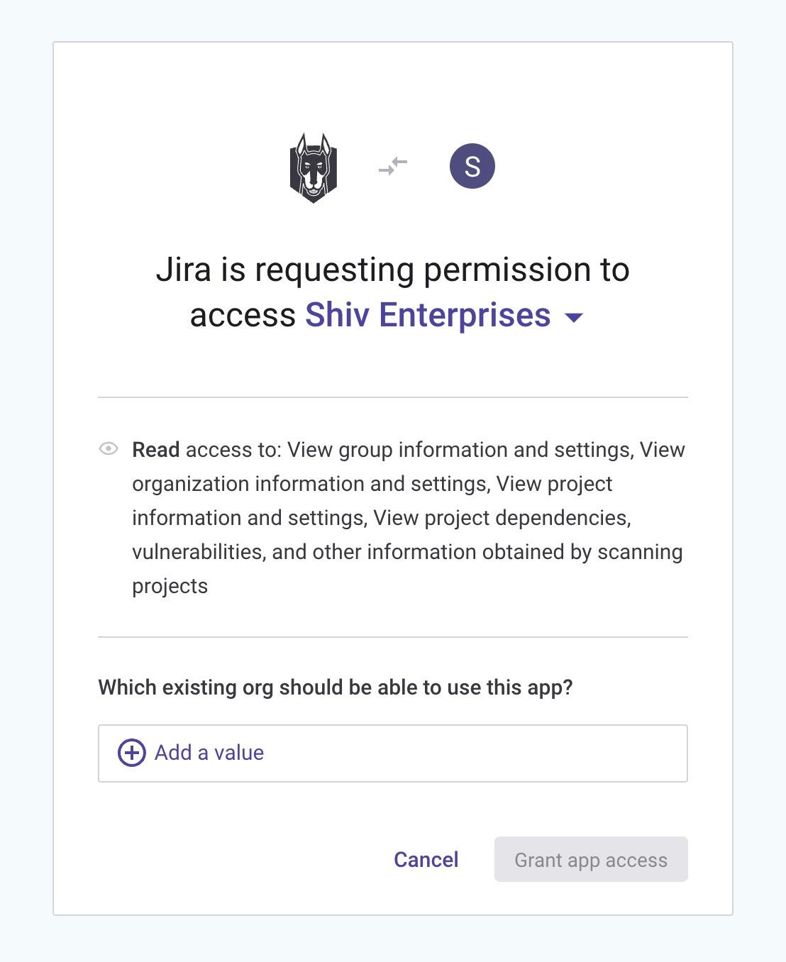 Screenshot of UI where Jira requests permission to access your Snyk Group or Organization.