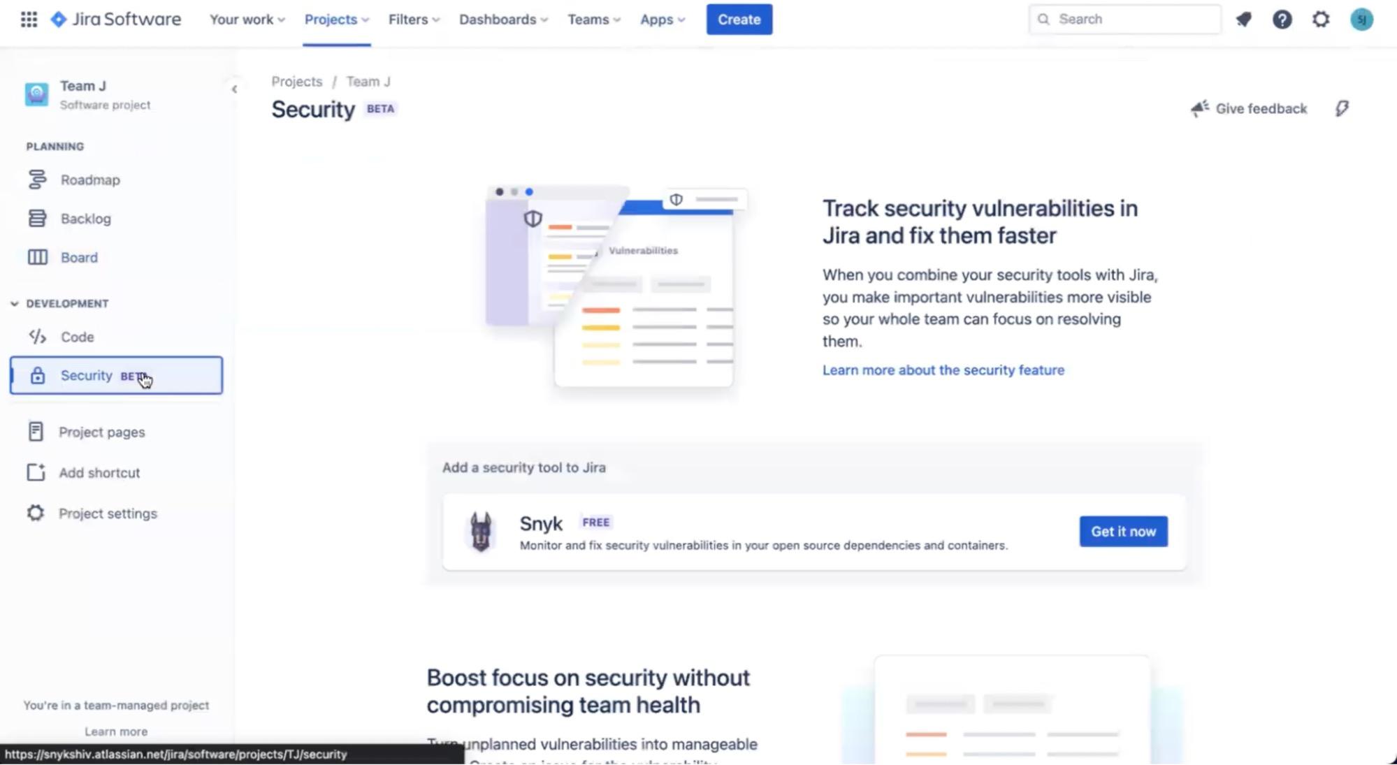 Screenshot showing how to install the Snyk Security in Jira Cloud app.