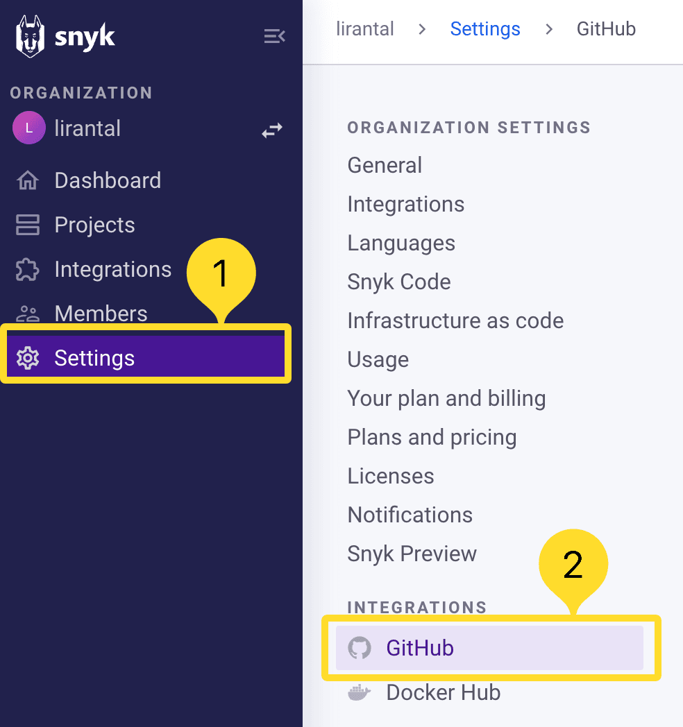 GitHub integrations menu in the Snyk app UI.