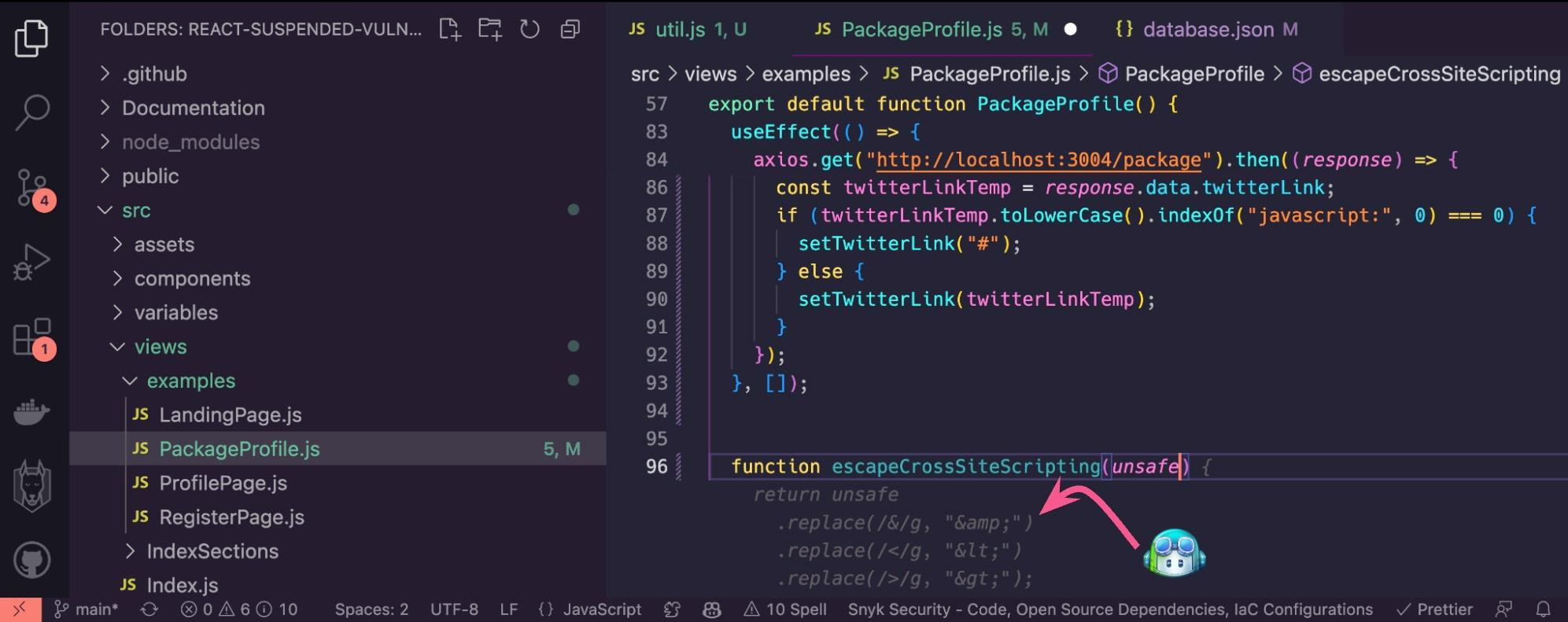 VS Code IDE showing how GitHub Copilot autosuggests code that escapes Cross-site Scripting but is it really a secure code?