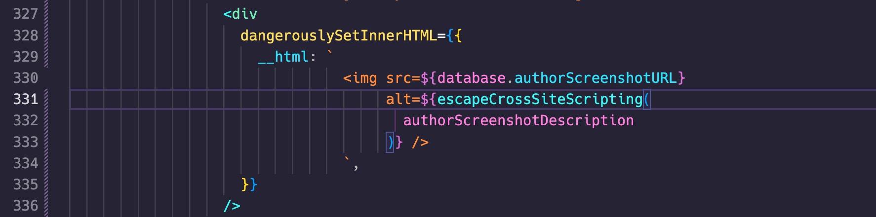The VS Code IDE shows a React component that uses dangerouslySetInnerHTML API with an image source and alt attributes from user input.