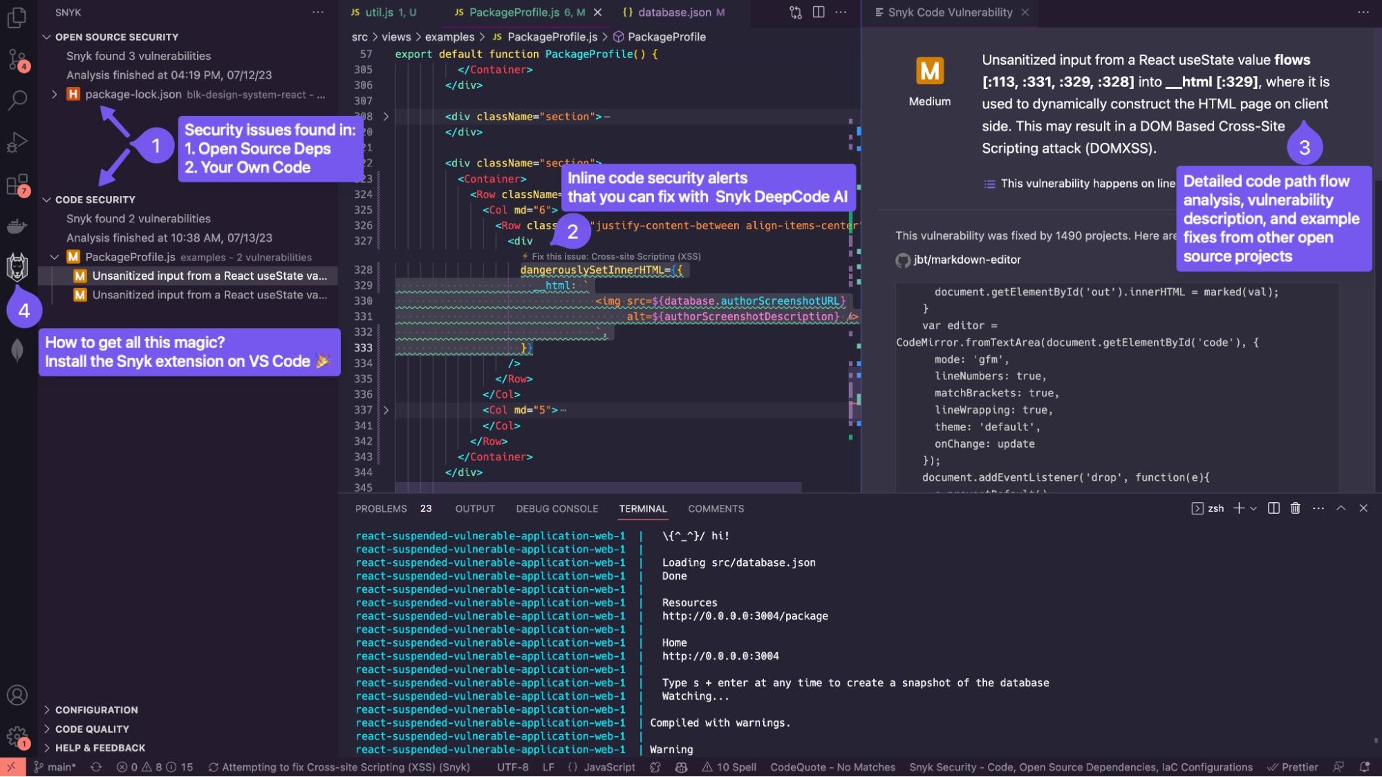Snyk extension on VS Code showing how to use Snyk Code and Snyk DeepCode AI to find security issues in your code and fix them.