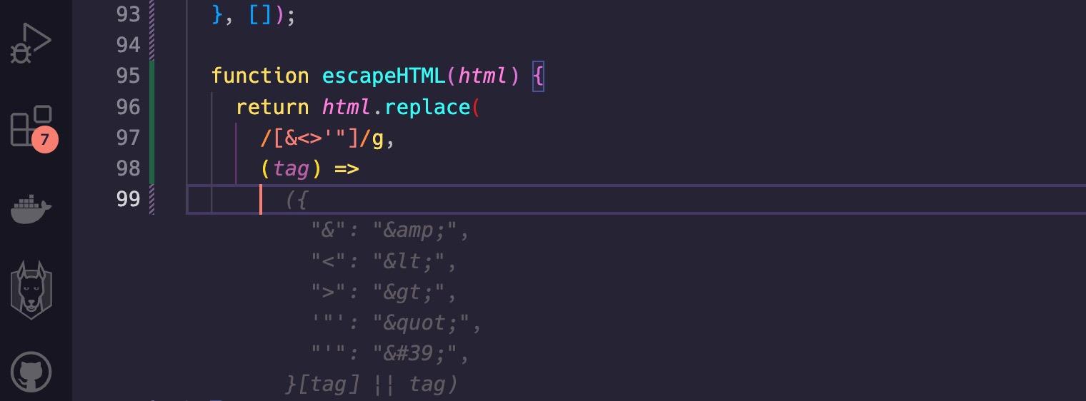  The VS Code IDE shows an auto-complete code snippet for an escapeHTML function that GitHub Copilot suggests.