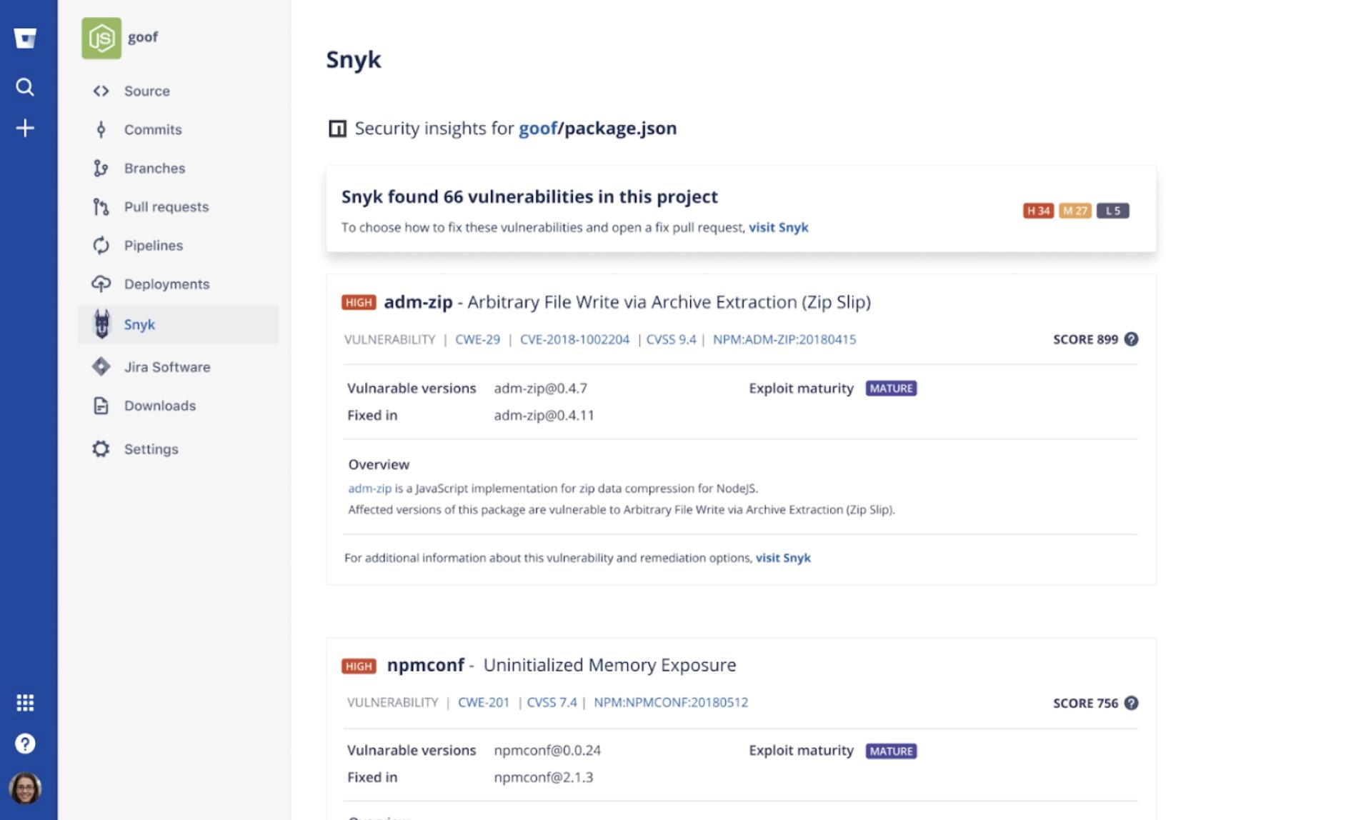 Snyk vulnerability report screenshot.