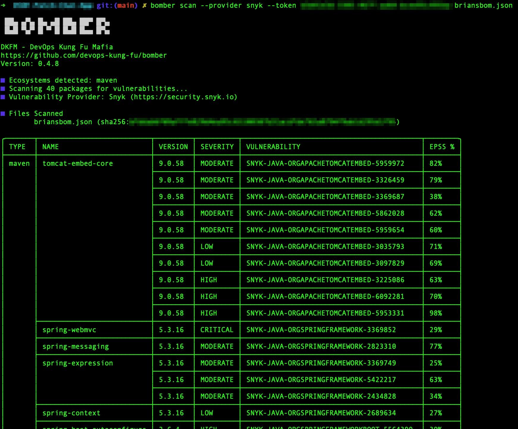 Bomber SBOM scanner with the Snyk integration provider for Java Maven dependencies.