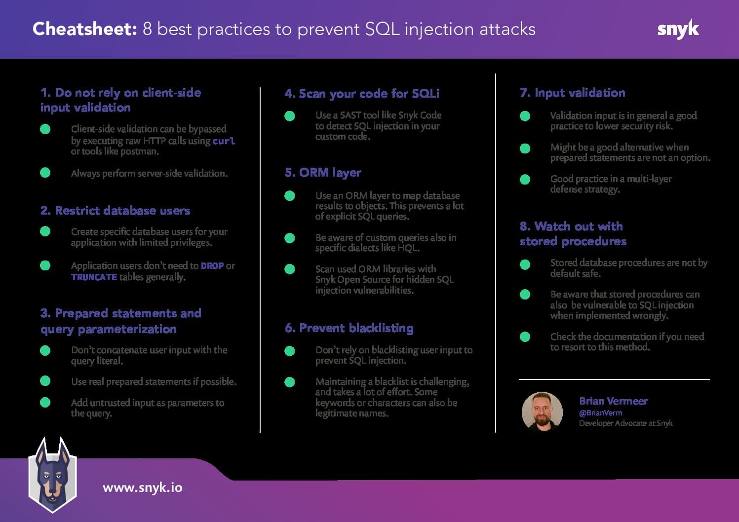 SQL injection cheat sheet: 8 best practices to prevent SQL injection | Snyk